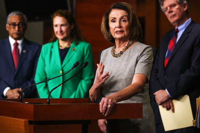 House Minority Leader Nancy Pelosi talks to reporters while announcing the House Democrats’ new infrastructure plan during a news conference on Thursday in Washington.